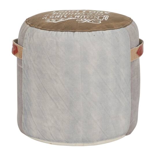 Brown Canvas and Leather Rustic Pouf, 19" x 17" x 17"